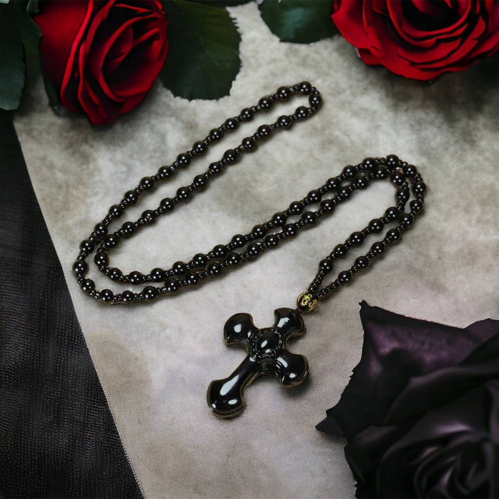 1pc Black Religious Christian Cross Fashion Obsidian Style Pendant Necklace - Picture 2 of 15
